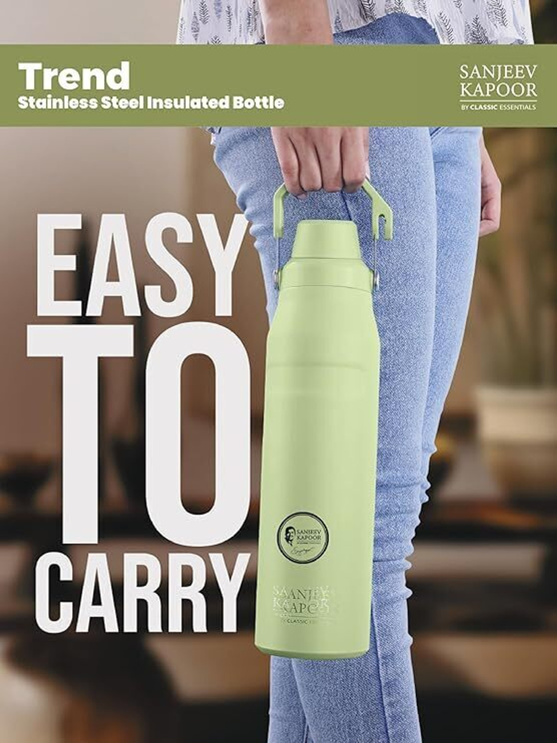 Image of Sanjeev Kapoor By Classic Essentials Stainless Steel Hot & Cold Vacuum Insulated with Handle 1000 ml Steel Flask (Pack of 1, Green)