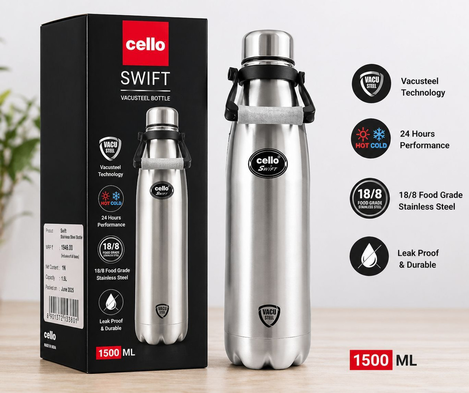 Image of Cello Silver Bottle Swift 1500 ml Stainless Steel Flask (Pack of 1, Steel /Chrome)