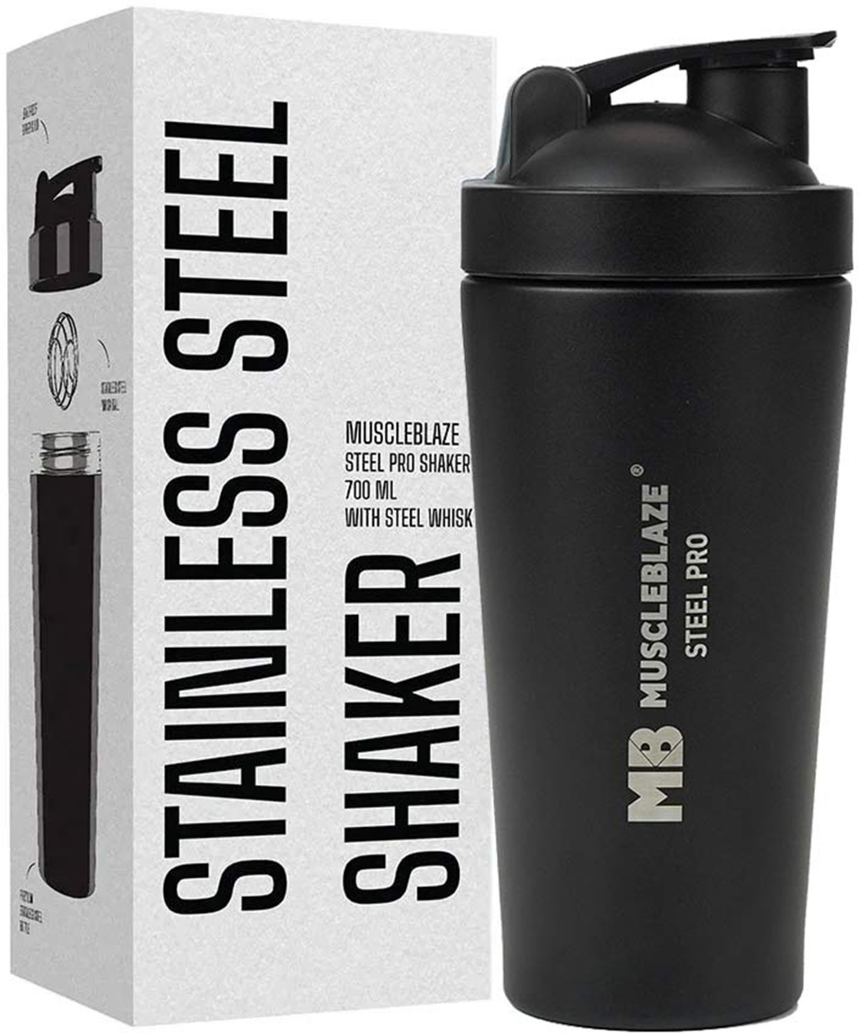 Image of MozFit Black Protein Shaker Bottle with Detachable Storage for Powder Leak-Proof Design 750 ml Stainless Steel Shaker (Pack of 1, Black)