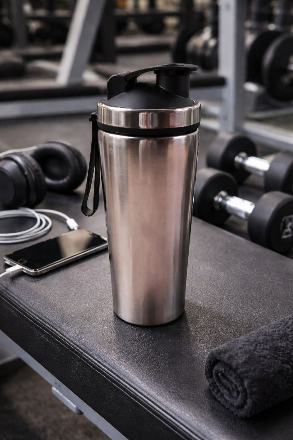Image of MozFit Black Protein Shaker Bottle with Detachable Storage for Powder Leak-Proof Design 750 ml Stainless Steel Shaker (Pack of 1, Black)