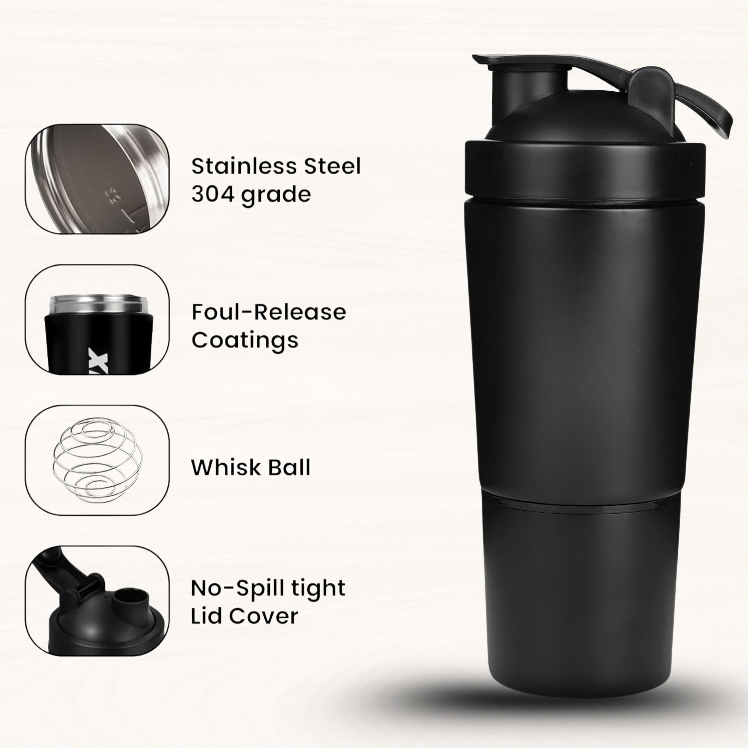 Image of MozFit Black Protein Shaker Bottle with Detachable Storage for Powder Leak-Proof Design 750 ml Stainless Steel Shaker (Pack of 1, Black)
