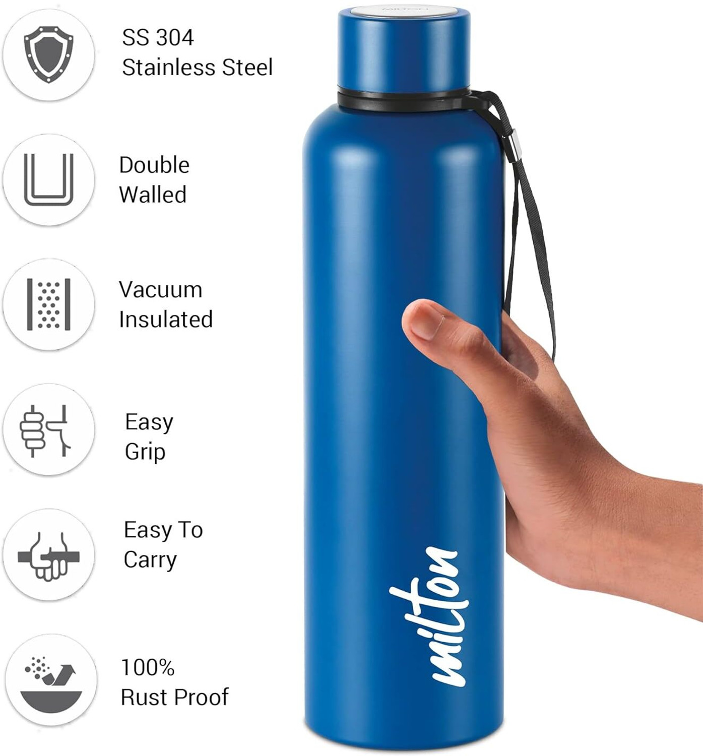 Image of MILTON Aura 1000 Thermosteel 1050 ml Steel Bottle (Pack of 1, Blue)