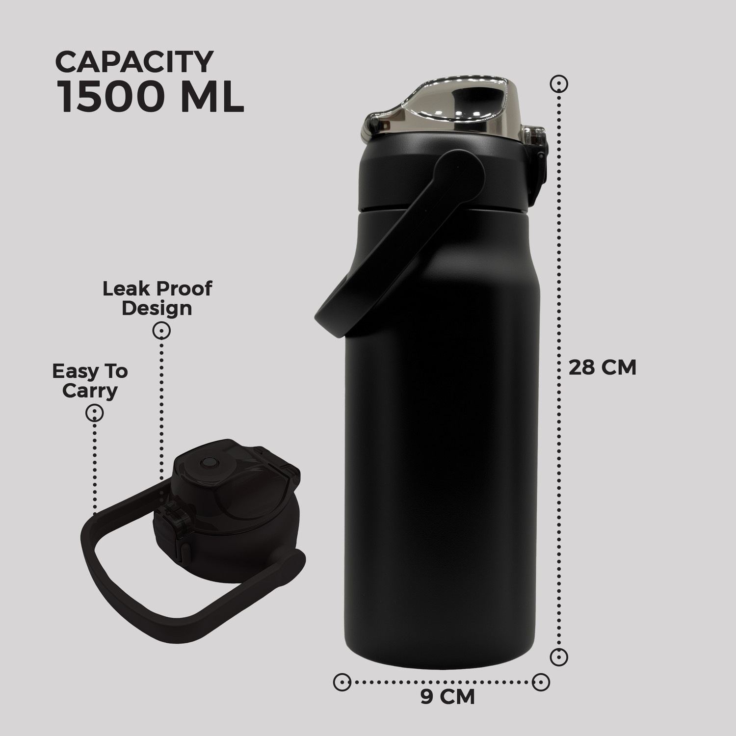 Image of Dozy 1500ML Insulated Active Flask 1500 ml Stainless Steel Flask (Pack of 1, Black)