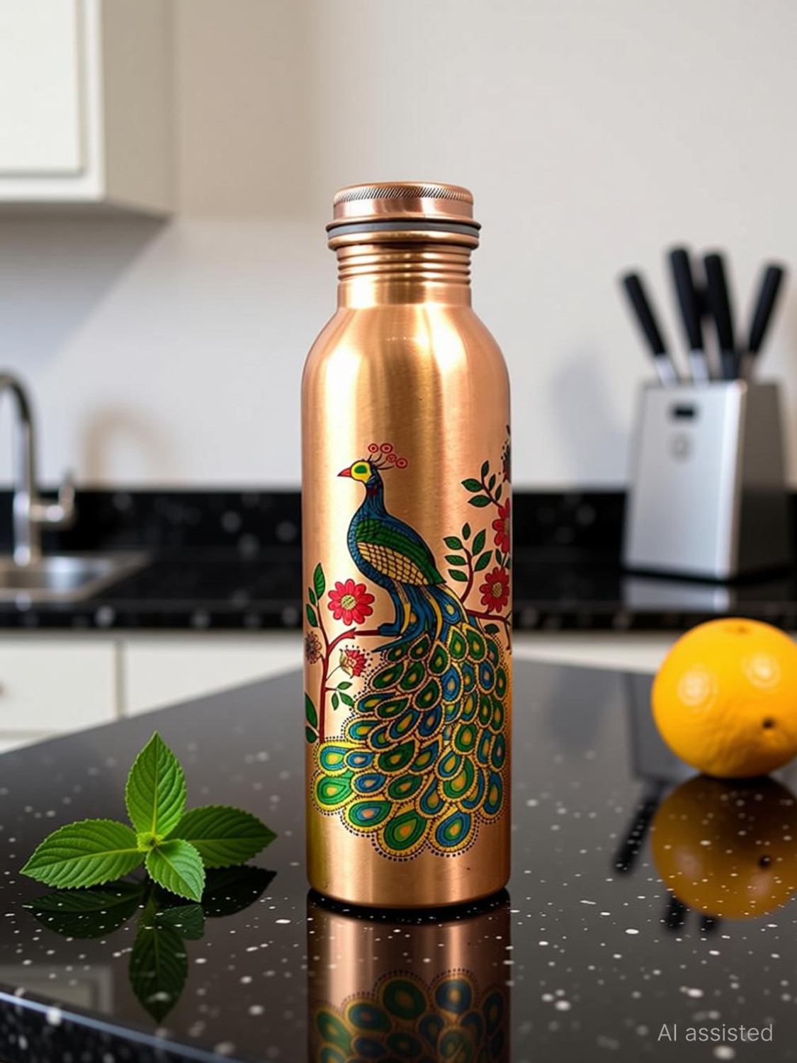 Image of GOLDEN VALLEY Hammered Copper Water Bottle with leakproof lid seamless 1 litre 1000 ml Copper Bottle (Pack of 1, Copper)