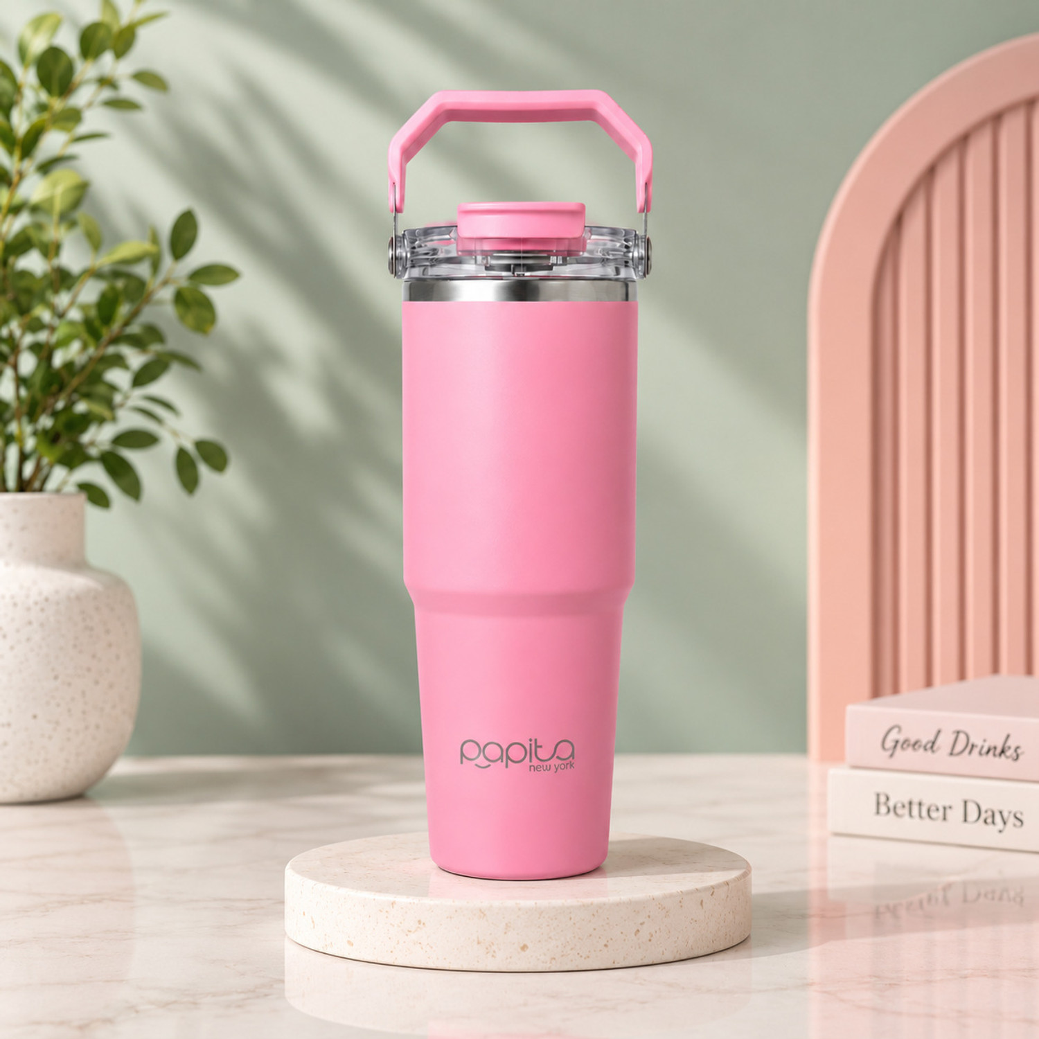 papita Tumbler Handle Straw Stainless Steel Insulated Water Bottle Leak Proof Coffee 900 ml Steel Bottle