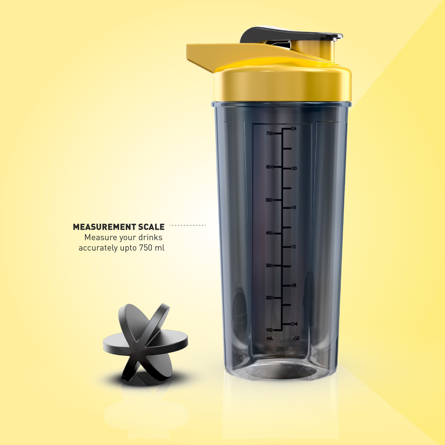 Image of MUSCLEBLAZE Protein Shaker Bottle, BPA-Free Sipper Bottle, Yellow & Black 750 ml Plastic Shaker (Pack of 1, Yellow)