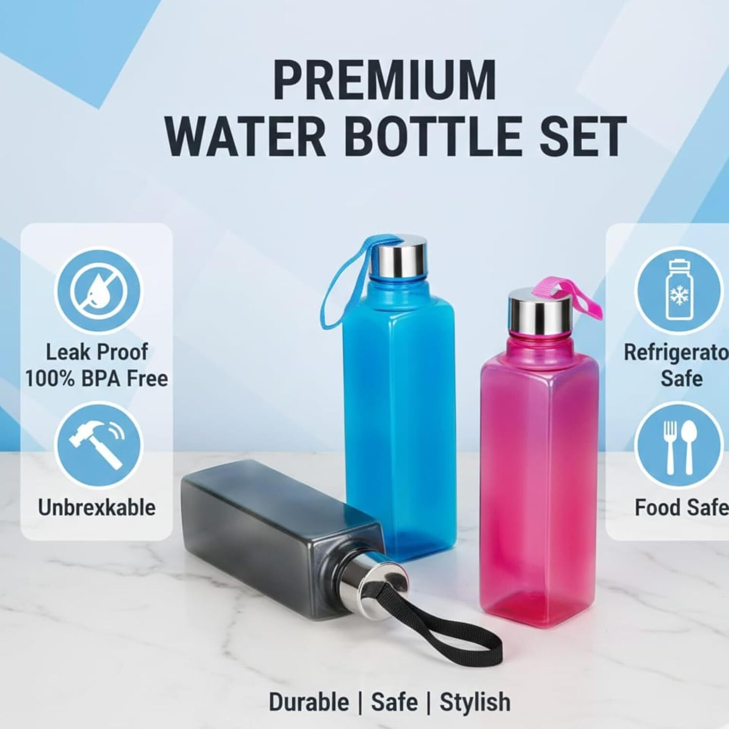 Image of 3D METRO SUPER STORE Square Shape Water Bottle for Fridge, Home, Office Gym School Boy, Unbreakable 1000 ml PET Bottle (Pack of 6, Multicolor)