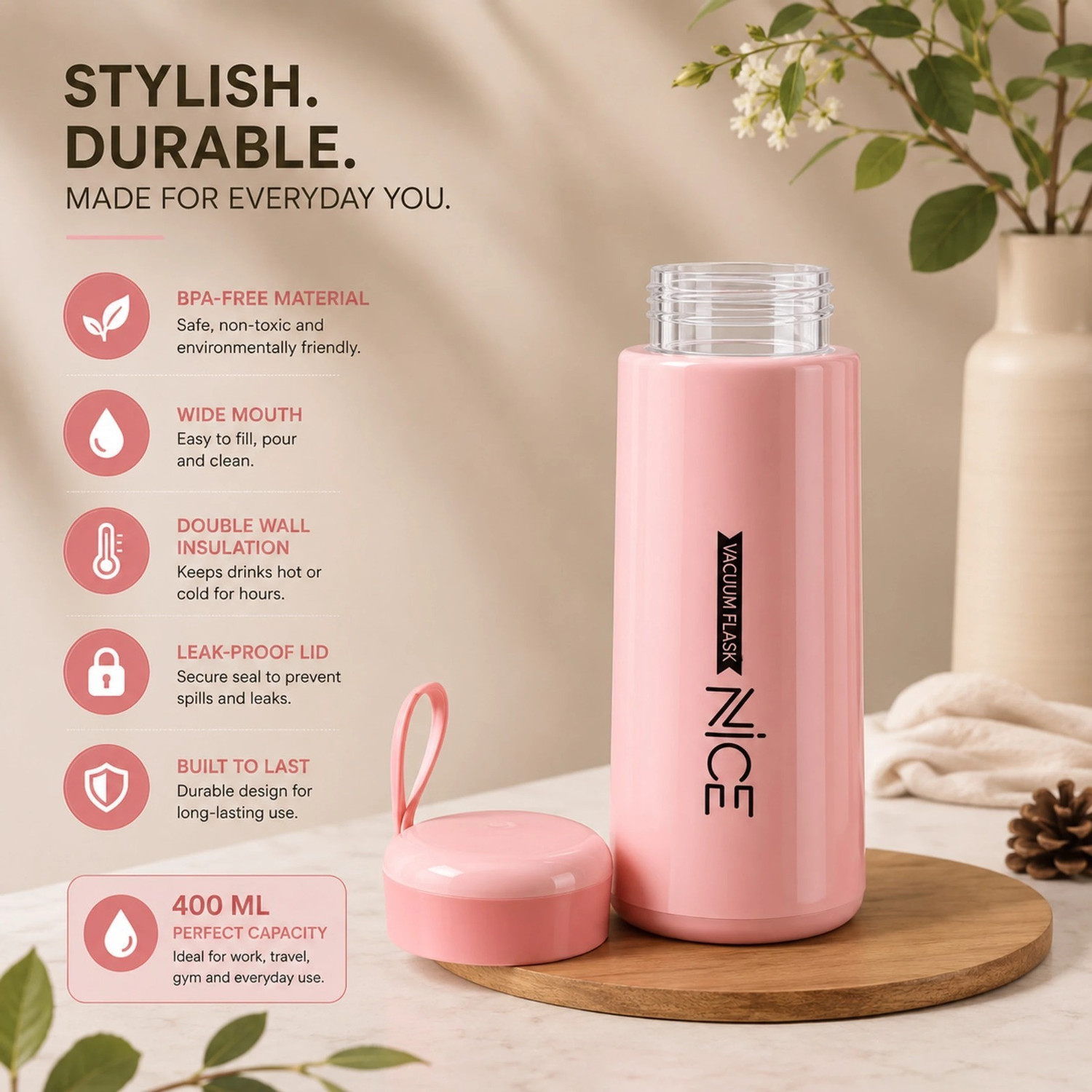Image of Triffy Portable Insulated Water Flask 400 ML 400 ml Plastic Flask (Pack of 2, Pink)