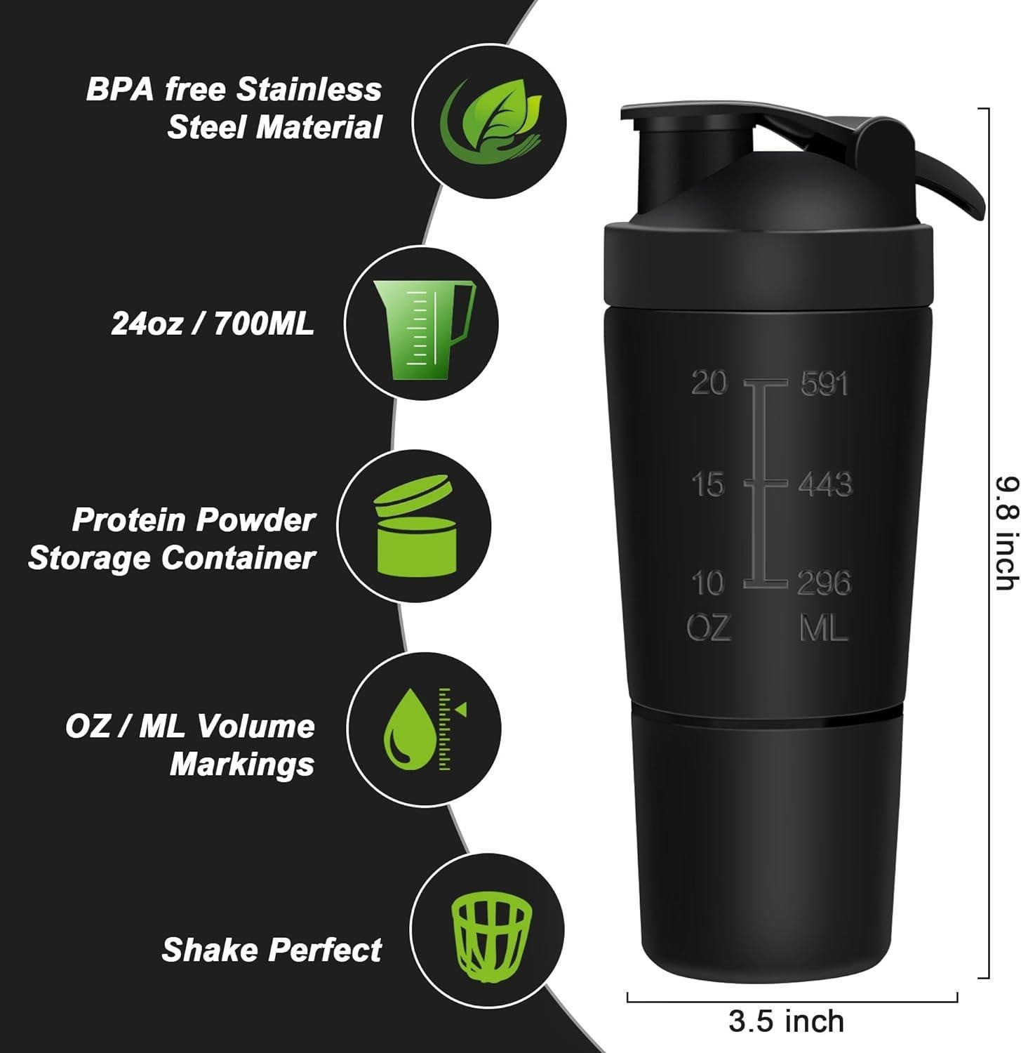Image of MozFit Black Protein Shaker Bottle with Detachable Storage for Powder Leak-Proof Design 750 ml Stainless Steel Shaker (Pack of 1, Black)