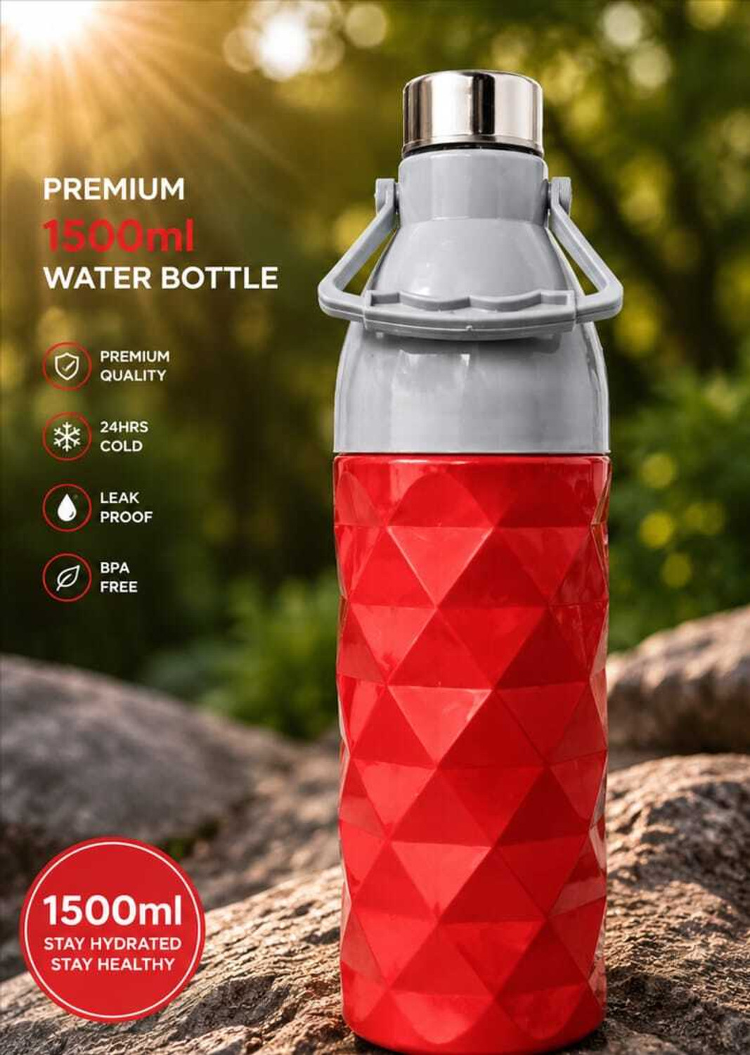 Image of GHARVAKHRI 1.5 Liter Insulated Water Bottle | Hot & Cold, BPA Free, Leak Proof Steel Lid 1500 ml Plastic Bottle (Pack of 1, Red, Grey)