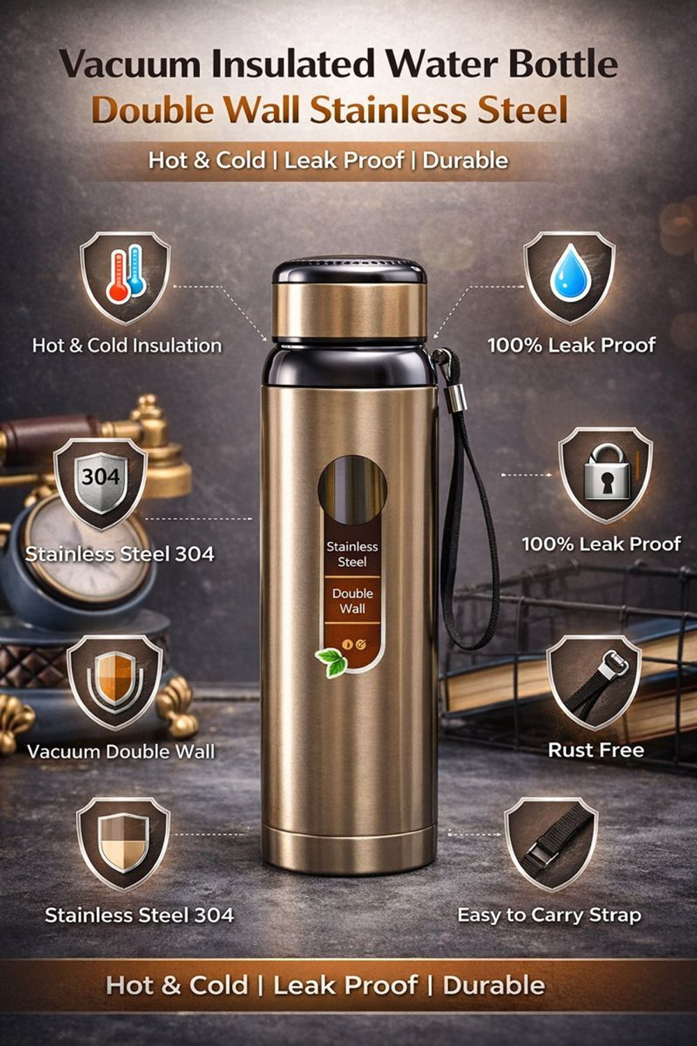 Image of Dzentro Vacuum Insulated Double Wall Steel Bottle 800ML 800 ml Steel Bottle (Pack of 1, Gold)
