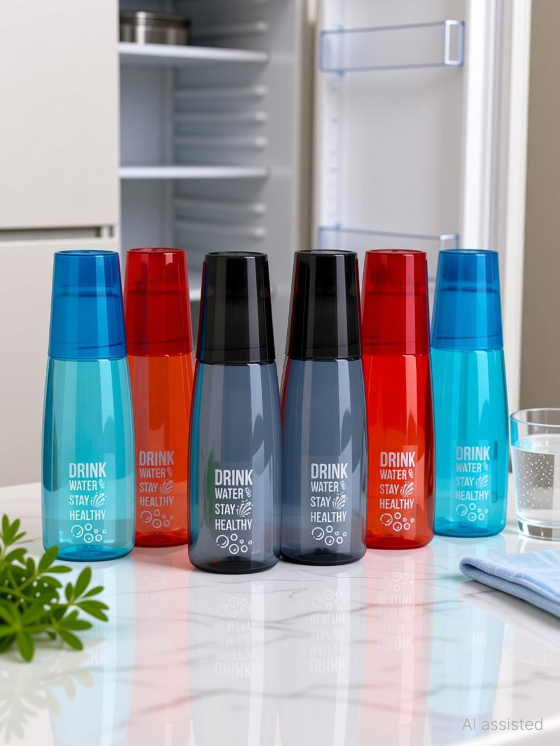 Image of 2Seven water bottle with glass for fridge 6pc 1000 ml Plastic Bottle With Drinking Glass (Pack of 6, Multicolor)