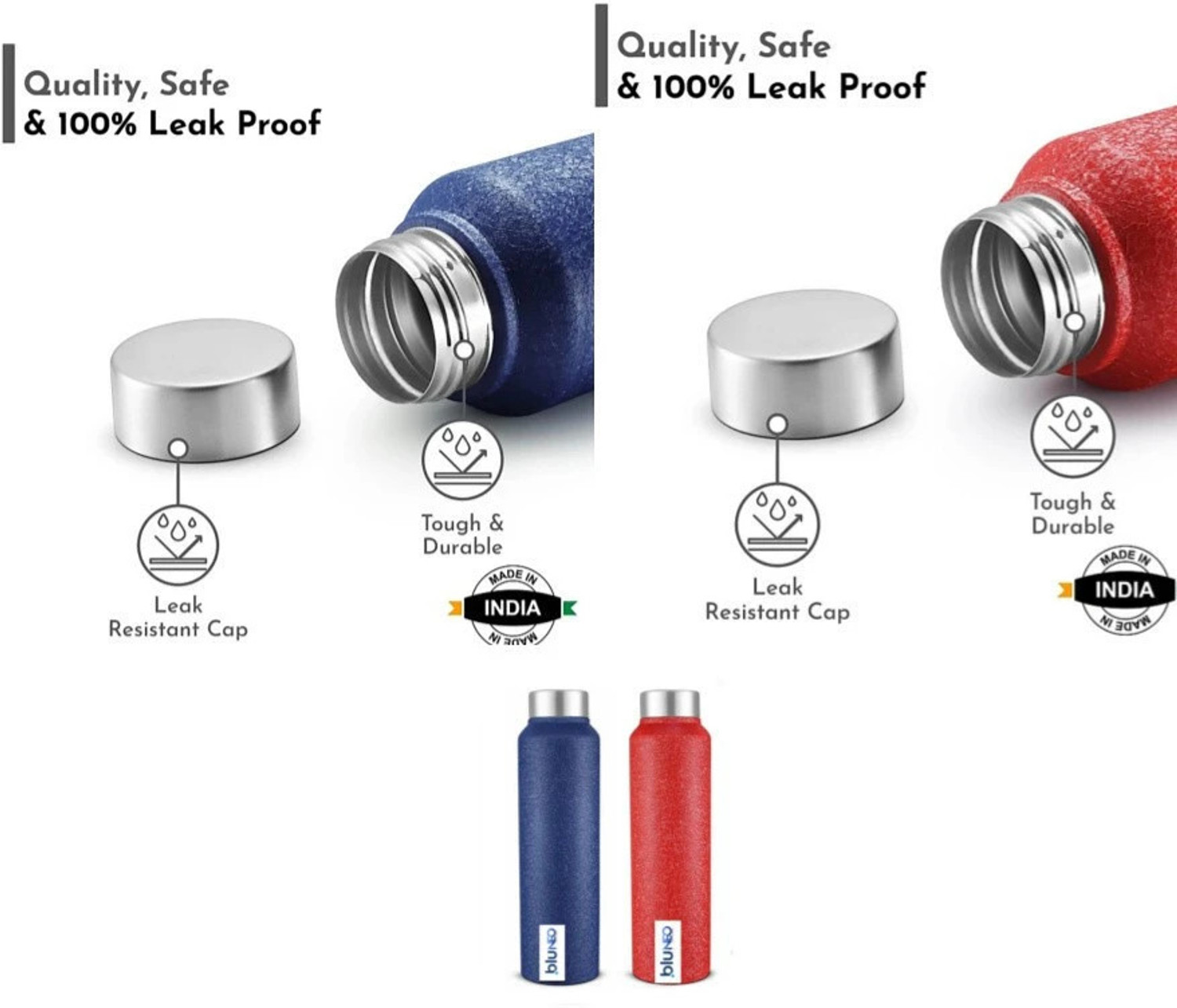Image of BluNeo Stainless Steel Combo 3 Leak proof Water Bottle with 3X DURABLE Colour Coating 1000 ml Steel Bottle (Pack of 3, Blue, Red, Silver)
