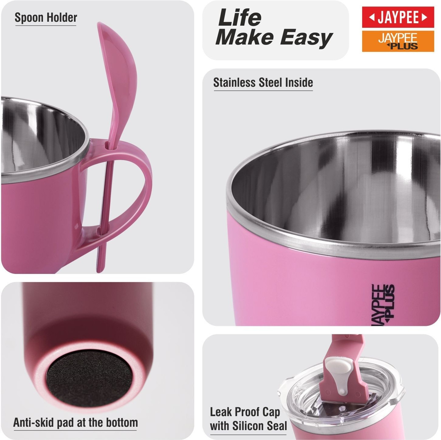 Image of Jaypee Plus Stainless Steel Soup Bowl SIP & SAVOUR Soup Bowl with Sipper for Gifting Traveling Picnic and Office (Pack of 2, Pink)
