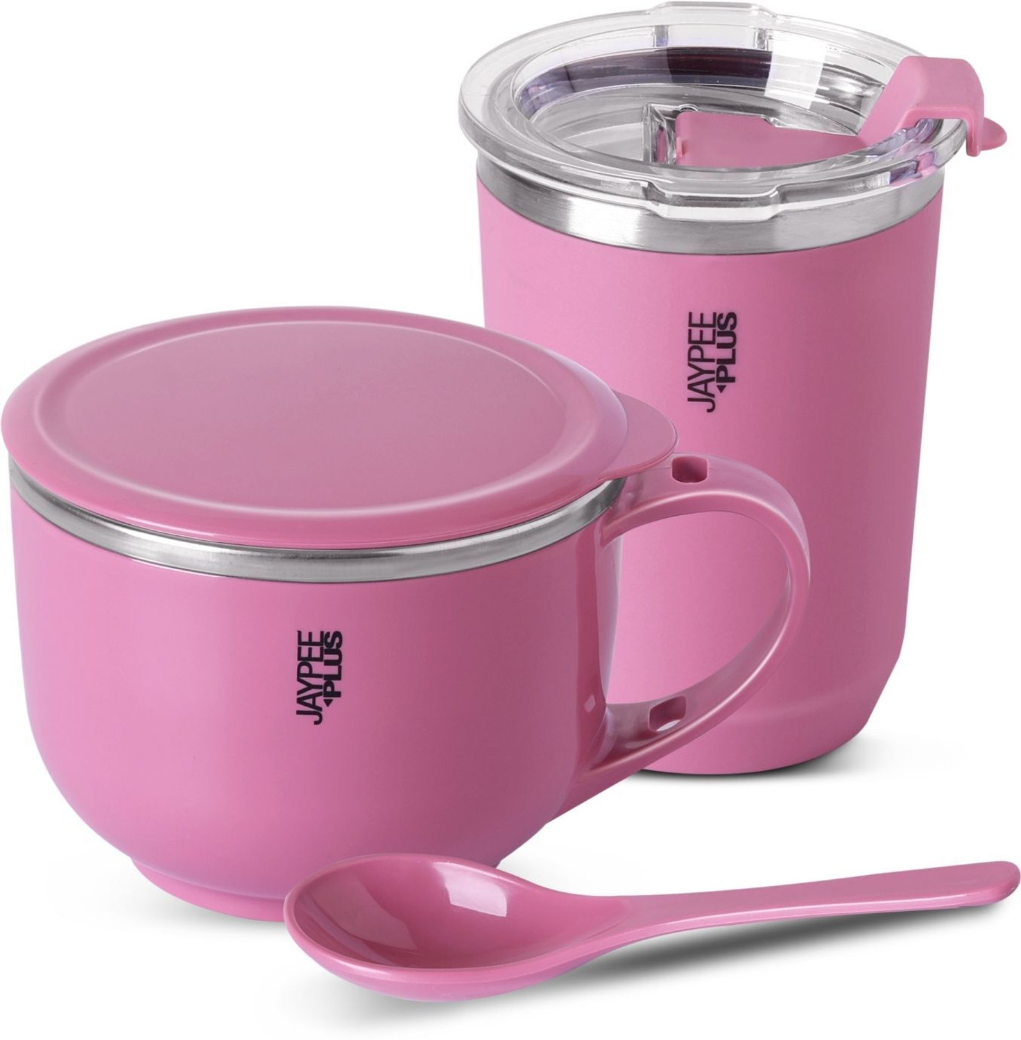 Image of Jaypee Plus Stainless Steel Soup Bowl SIP & SAVOUR Soup Bowl with Sipper for Gifting Traveling Picnic and Office (Pack of 2, Pink)