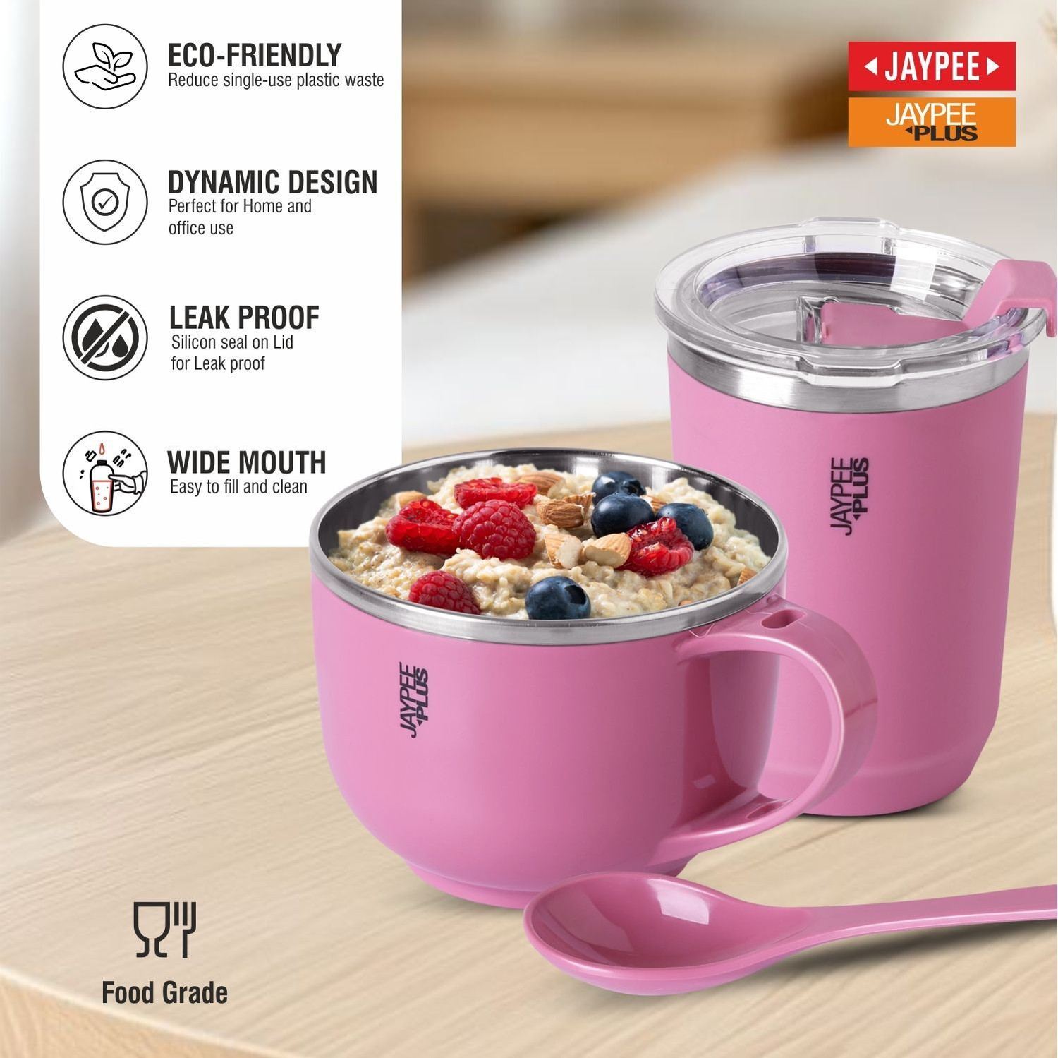 Image of Jaypee Plus Stainless Steel Soup Bowl SIP & SAVOUR Soup Bowl with Sipper for Gifting Traveling Picnic and Office (Pack of 2, Pink)