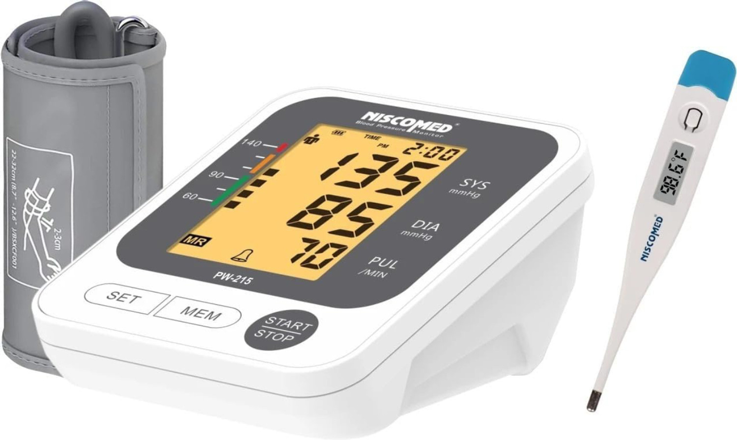 Image of NISCOMED Digital Blood pressure monitor with talkative feature and color change display with Digital Thermometer Digital Blood Pressure Monitor Bp Monitor (White)