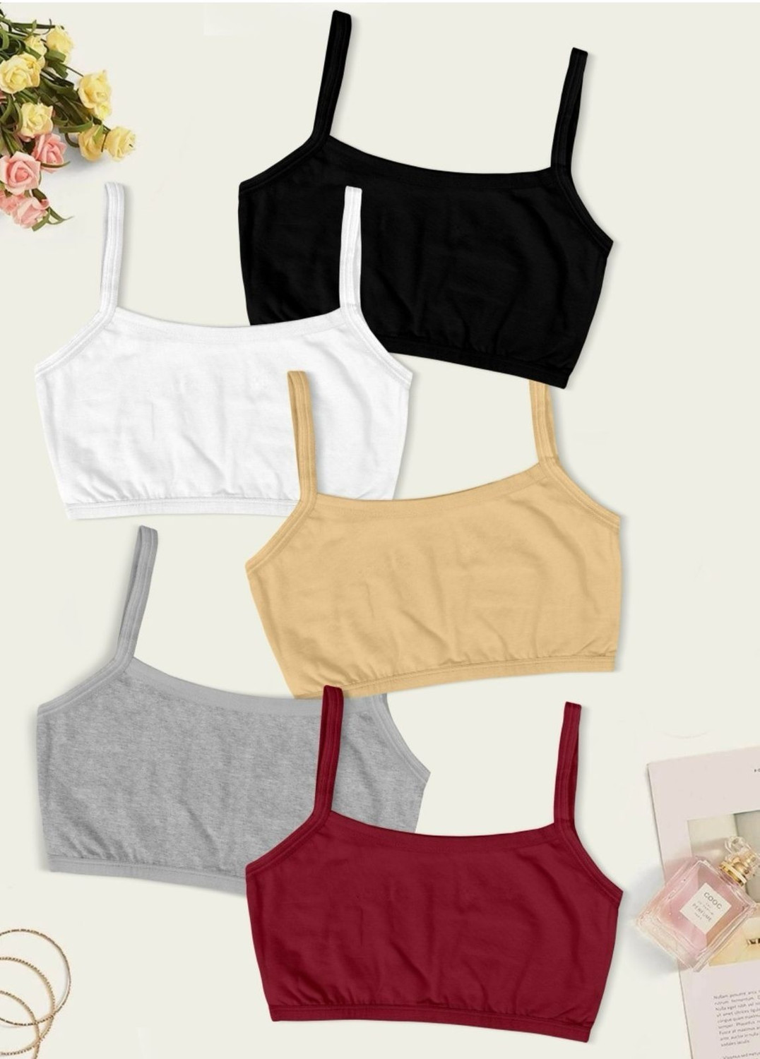 Image of texello Pack of 3 Girls Training /Beginners Non Padded Bra (Black, White, Grey)