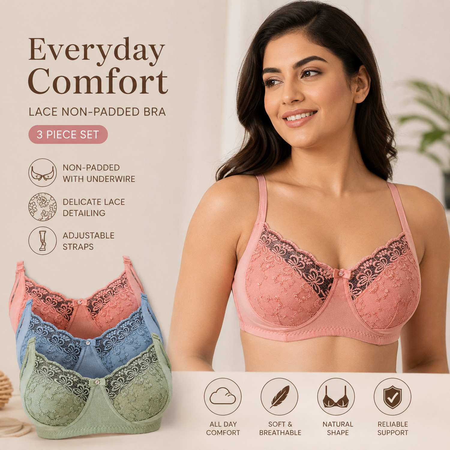 Image of SIDA Pack of 3 Women T-Shirt Lightly Padded Bra (Pink, Green, Blue)