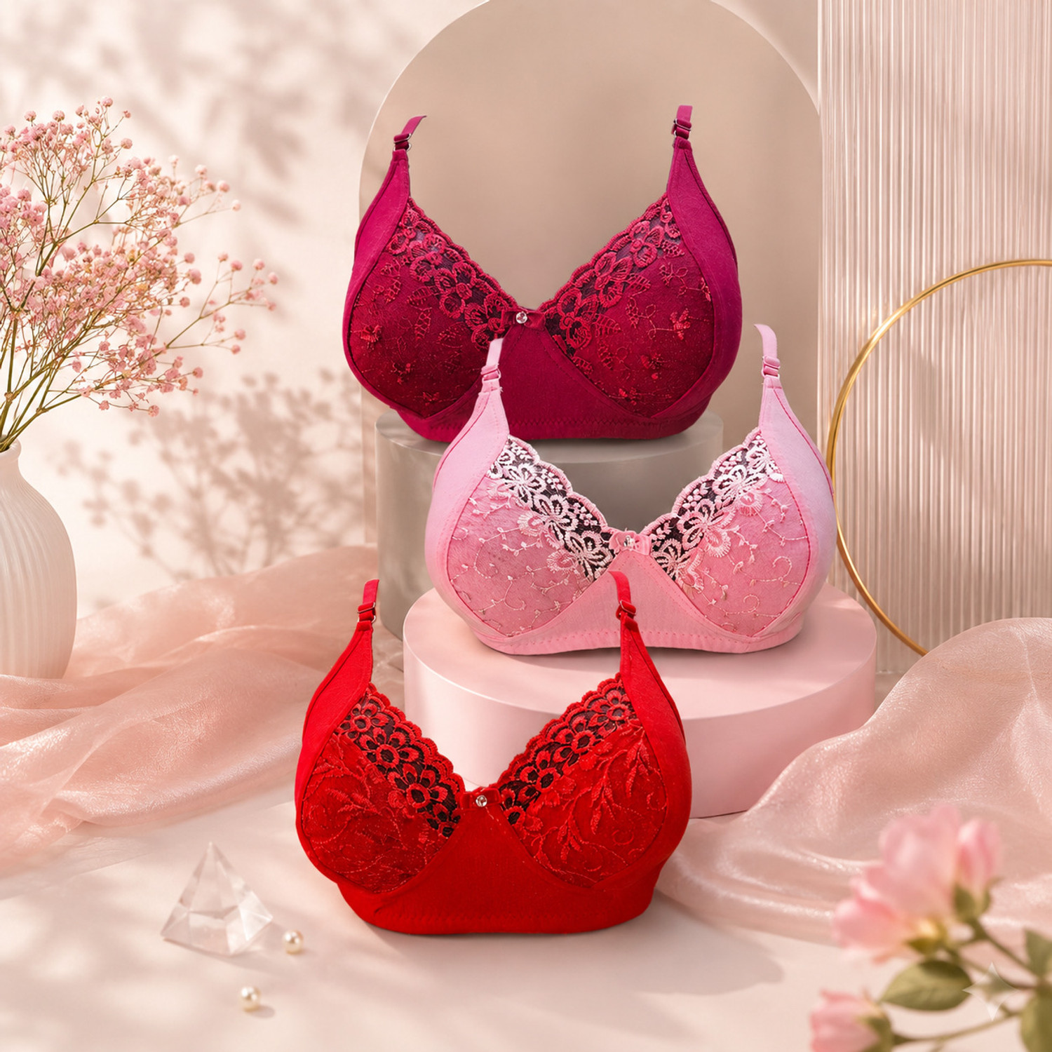 Image of SIDA Pack of 3 Women T-Shirt Lightly Padded Bra (Pink, Green, Blue)