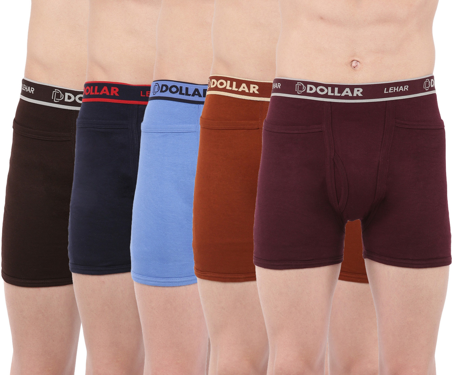 Image of Dollar Pack of 5 Dollar Lehar Mens Combed Cotton Trunk - Pack of 5 - Actual Colour May Vary Solid Men Trunk