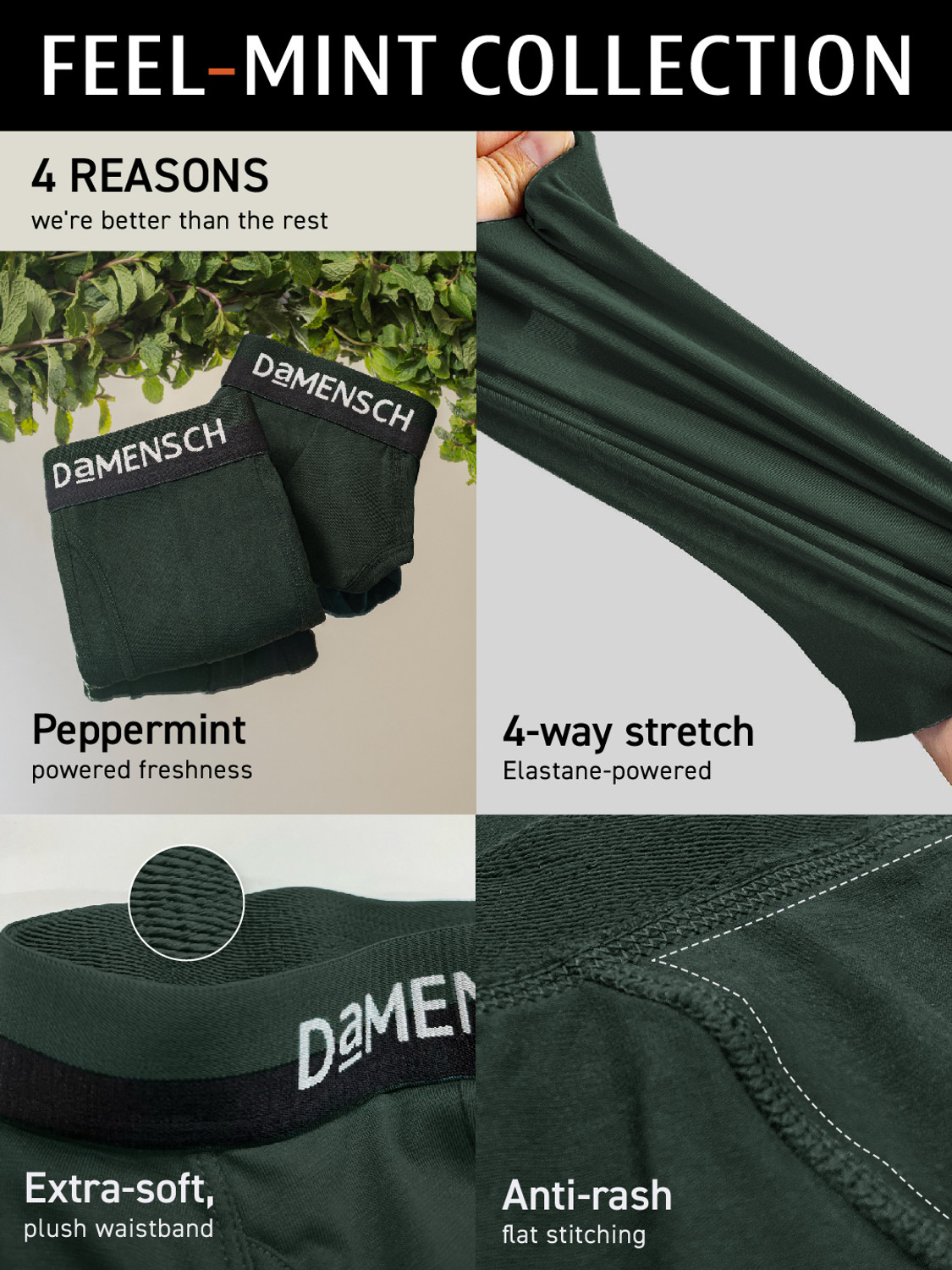 Image of Damensch Pack of 3 Feel Mint Cotton Anti-Bacterial Solid Men Trunk