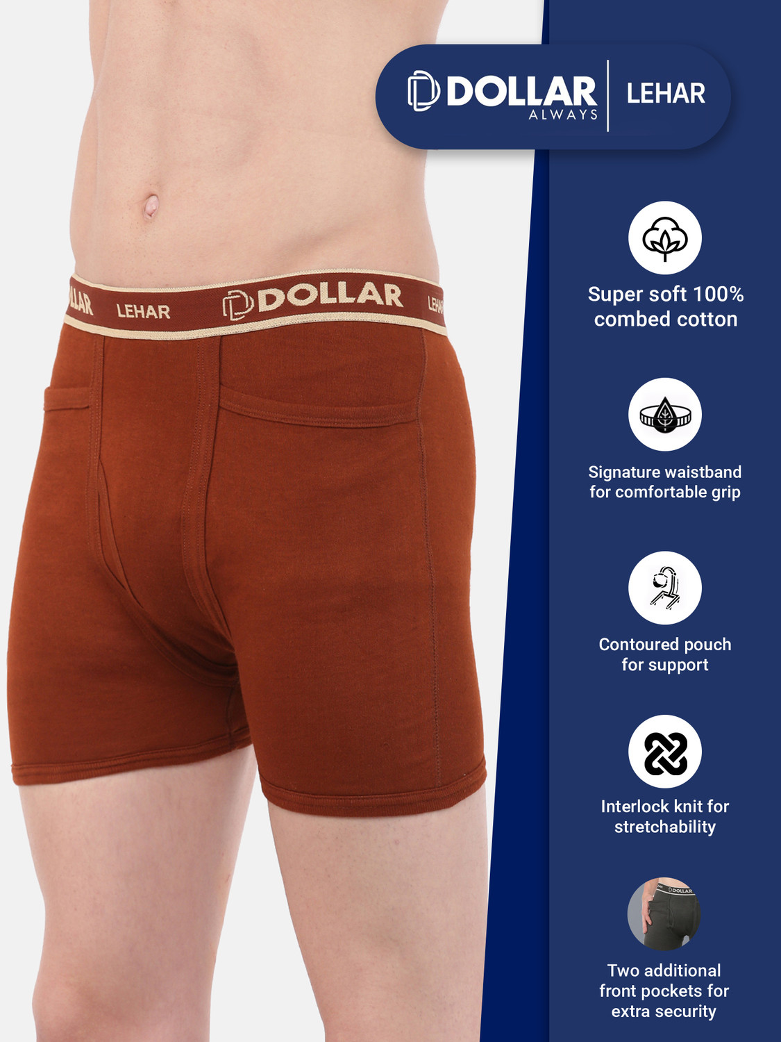 Image of Dollar Pack of 5 Dollar Lehar Mens Combed Cotton Trunk - Pack of 5 - Actual Colour May Vary Solid Men Trunk