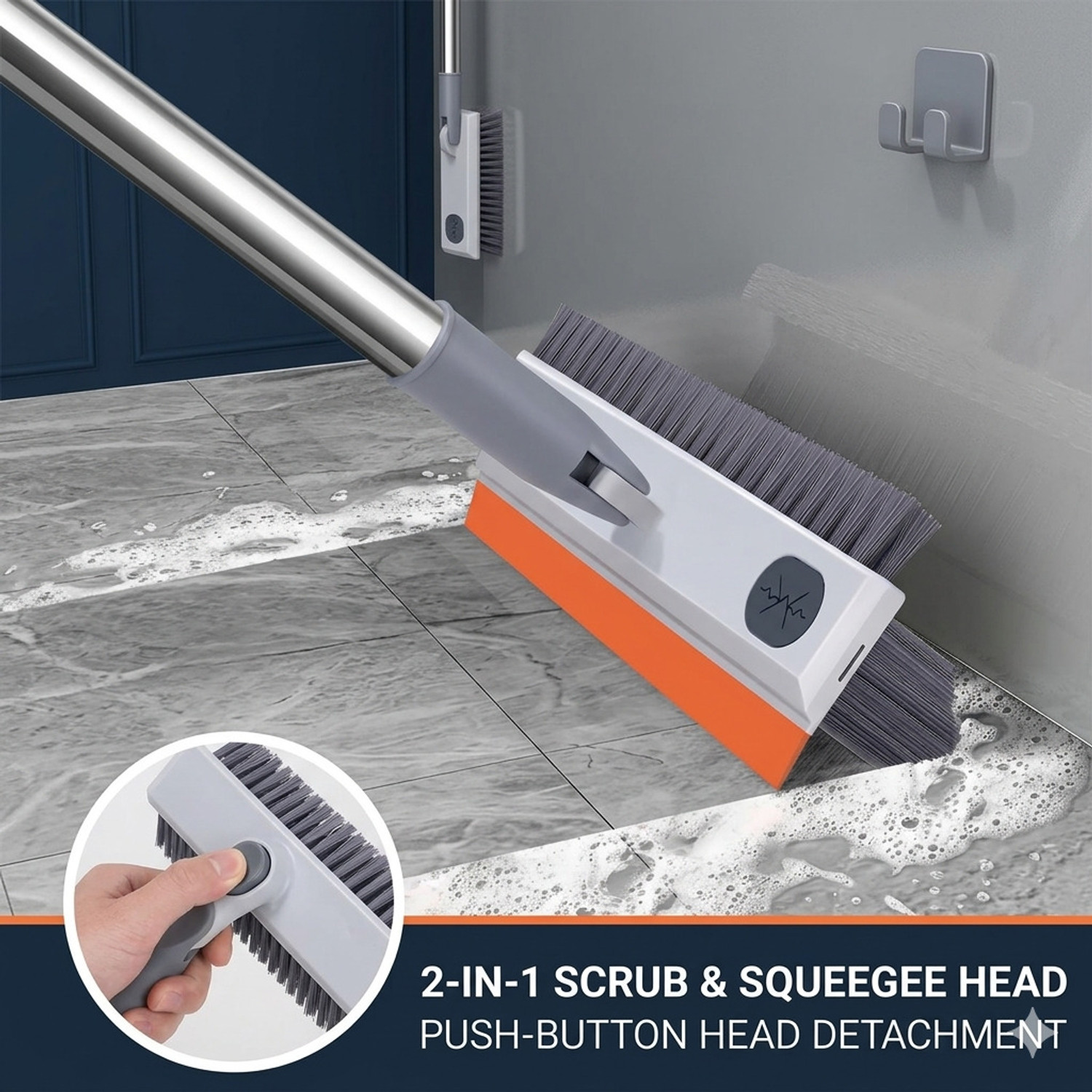 Image of BEAURA 3 in 1 Toilet Bathroom Tiles Cleaning Brush with Wiper 180Rotating Floor Scrub Microfibre Wet and Dry Brush (Orange)