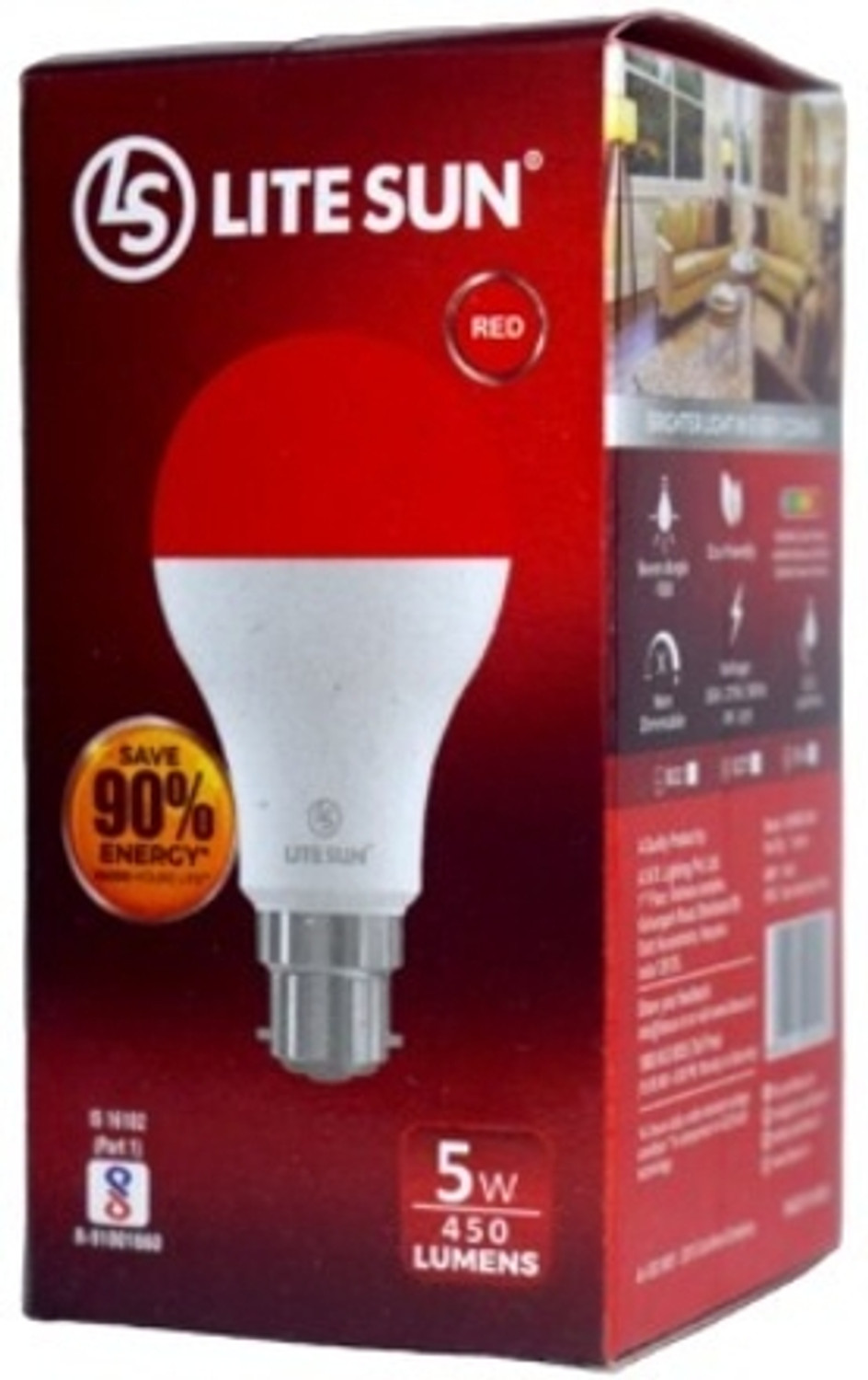 Image of LiteSun 5 W Basic Standard B22 LED Bulb (Red)