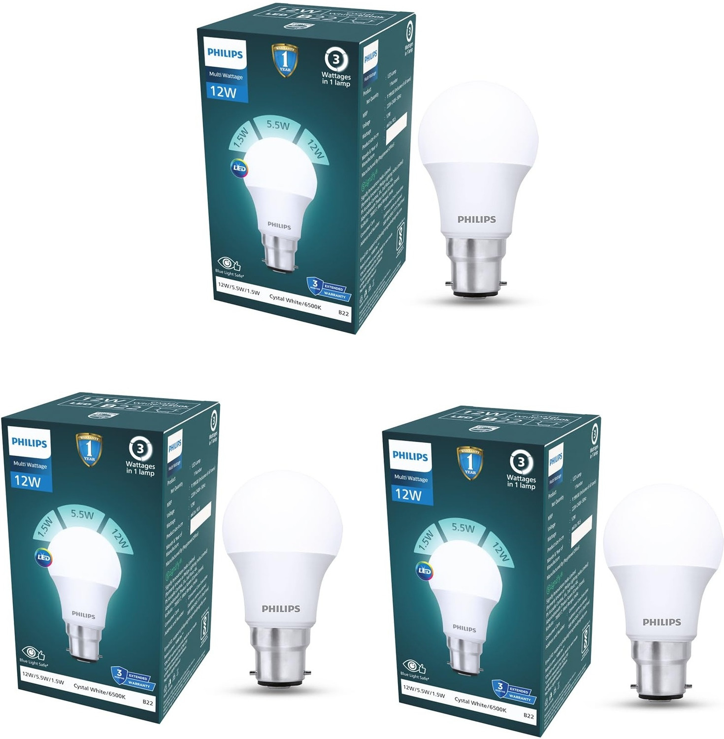 Image of PHILIPS 15 W Multi Watt Standard B22 LED Bulb (White, Pack of 3)