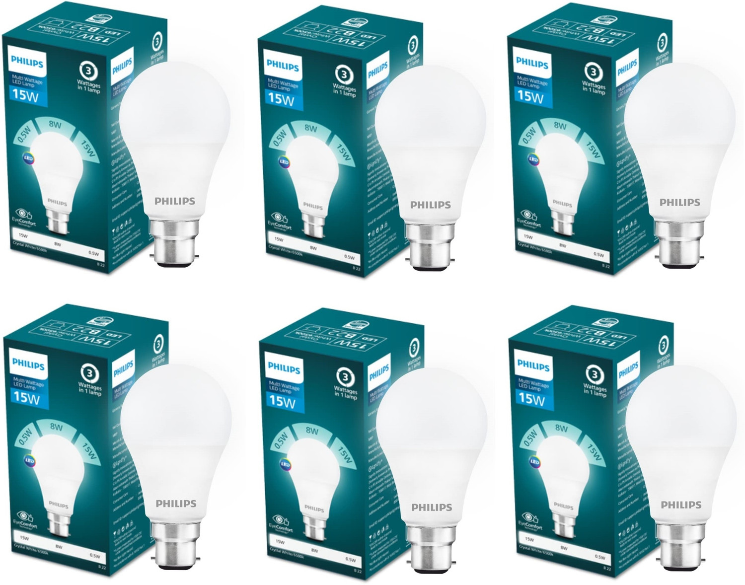 Image of PHILIPS 15 W Multi Watt Standard B22 LED Bulb (White, Pack of 6)