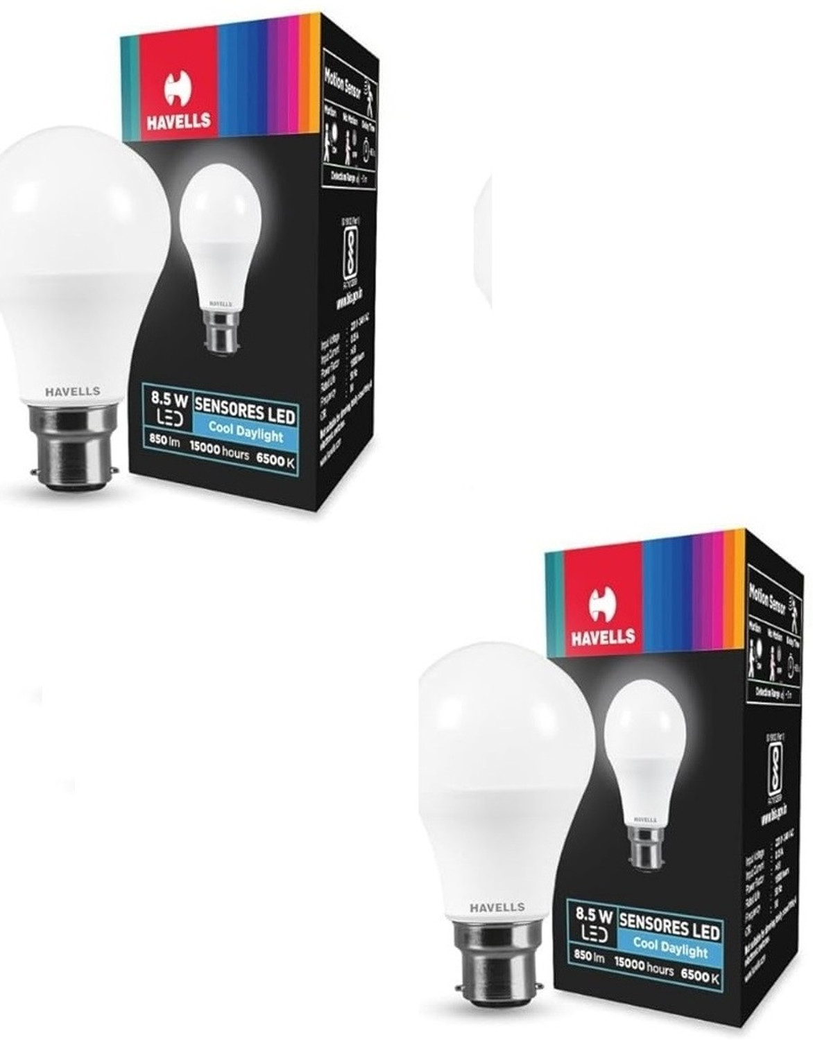 Image of HAVELLS 8.5 W Motion Sensor Round B22 LED Bulb (White, Pack of 2)