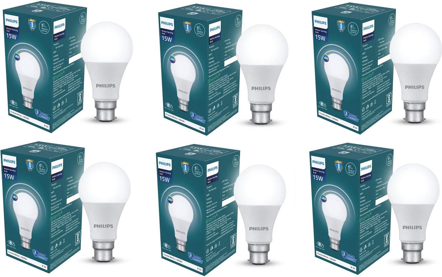 Image of PHILIPS 15 W Motion Sensor Round B22 LED Bulb (White, Pack of 6)
