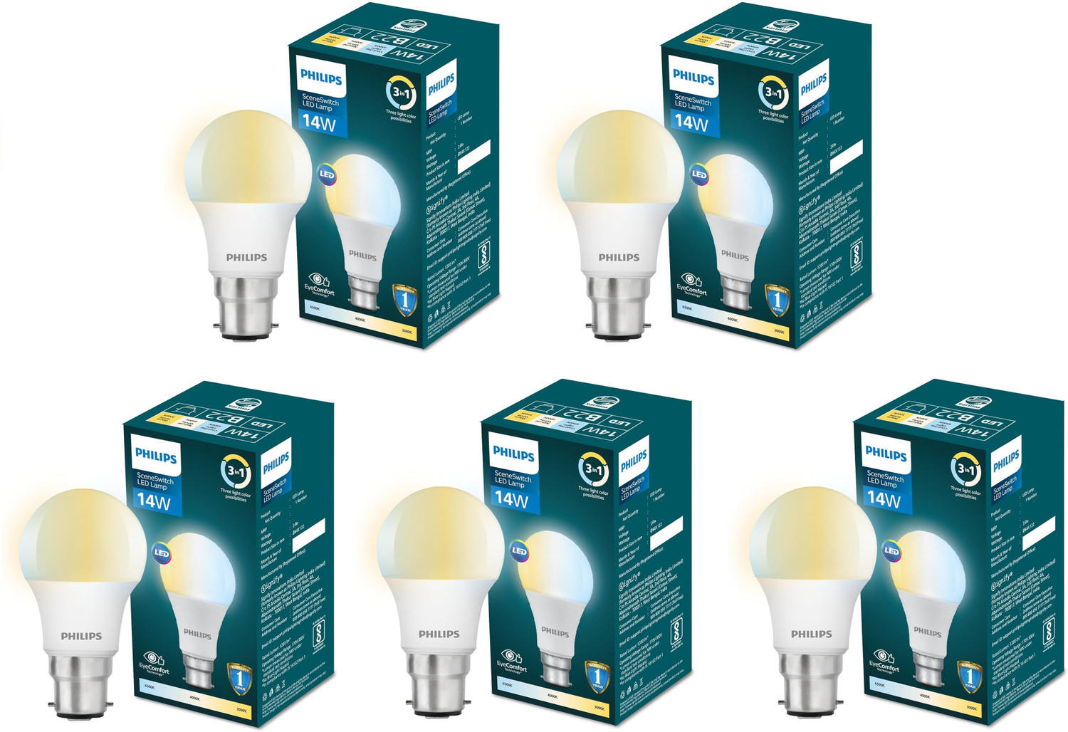 Image of PHILIPS 14 W Multi Watt Standard B22 LED Bulb (Multicolor, Pack of 5)
