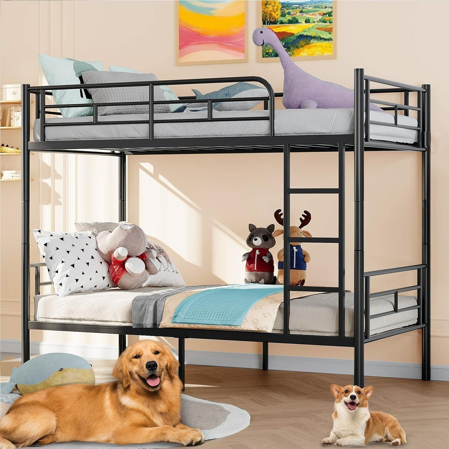 Image of BhaviHandicraft Bunk Bed For Junior, Twin Over Full Size Beds With Sturdy Guard Rail Metal Bunk Bed (Finish Color - BLACK, DIY(Do-It-Yourself))