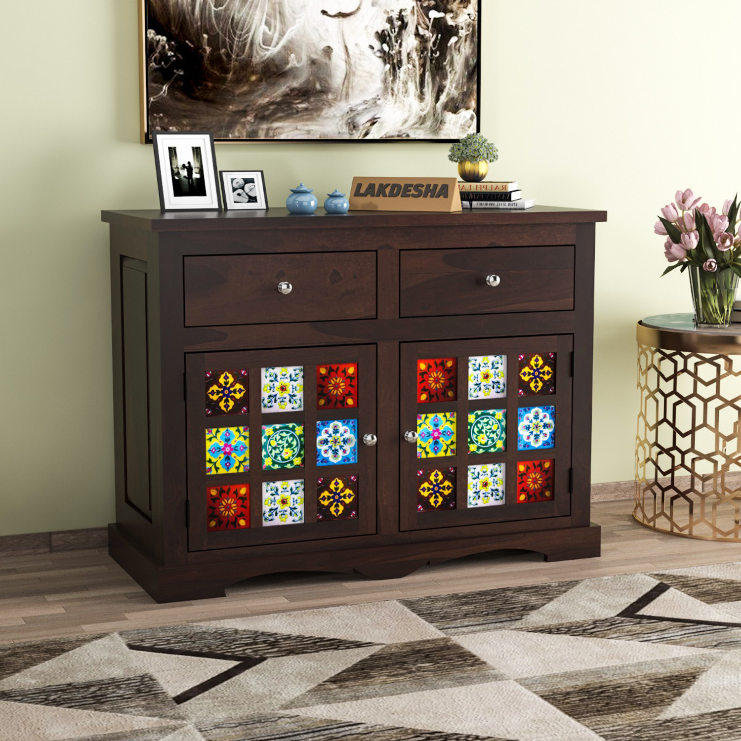Image of Kunjal Furniture Solid Sheesham Wood Chest Of Drawer For Home| Bedroom & Kitchen | Solid Wood Free Standing Cabinet (Finish Color - Natural Teak Finish, Door Type- Hinged, Pre-assembled)