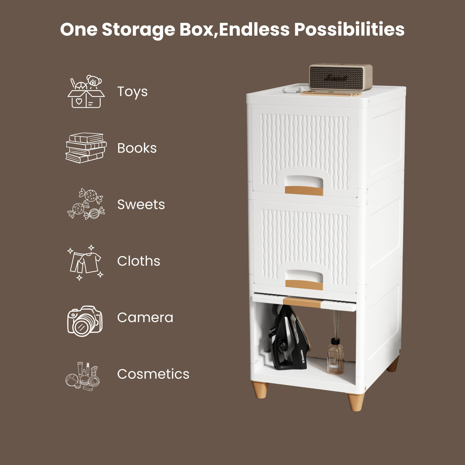 Image of GLOXY 3 pcs Layer Modular Plastic Storage Drawer Cabinet with Wooden Finish Handles Dual Mount Medicine Cabinet (Square)