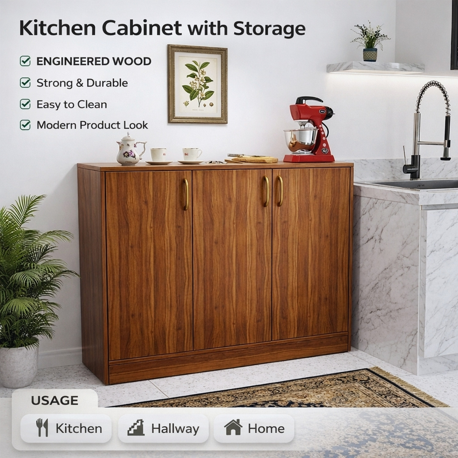 Image of Flipkart Perfect Homes Multipurpose Storage Cabinet with Gold Handles & Countertop Unit Storage Engineered Wood Kitchen Cabinet (Finish Color - Noce Lyon, DIY(Do-It-Yourself))