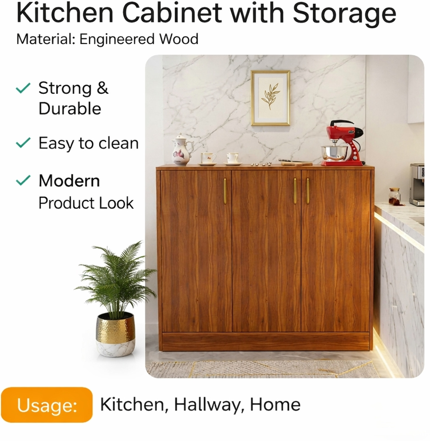Image of Flipkart Perfect Homes Multipurpose Storage Cabinet with Gold Handles & Countertop Unit Storage Engineered Wood Kitchen Cabinet (Finish Color - Noce Lyon, DIY(Do-It-Yourself))