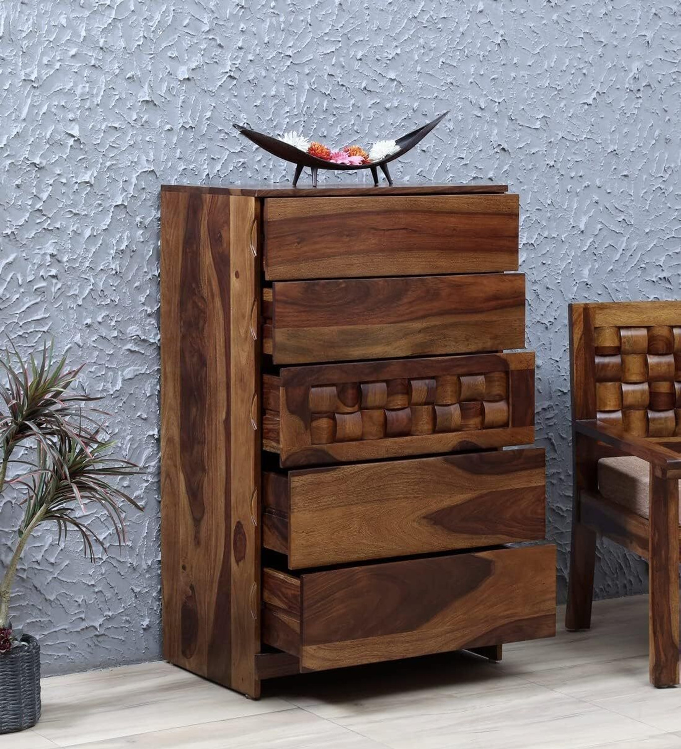 Image of Kunjal Furniture Solid Sheesham Wood Chest Of Drawer For Home| Bedroom & Kitchen | Solid Wood Free Standing Cabinet (Finish Color - Natural Teak Finish, Door Type- Hinged, Pre-assembled)