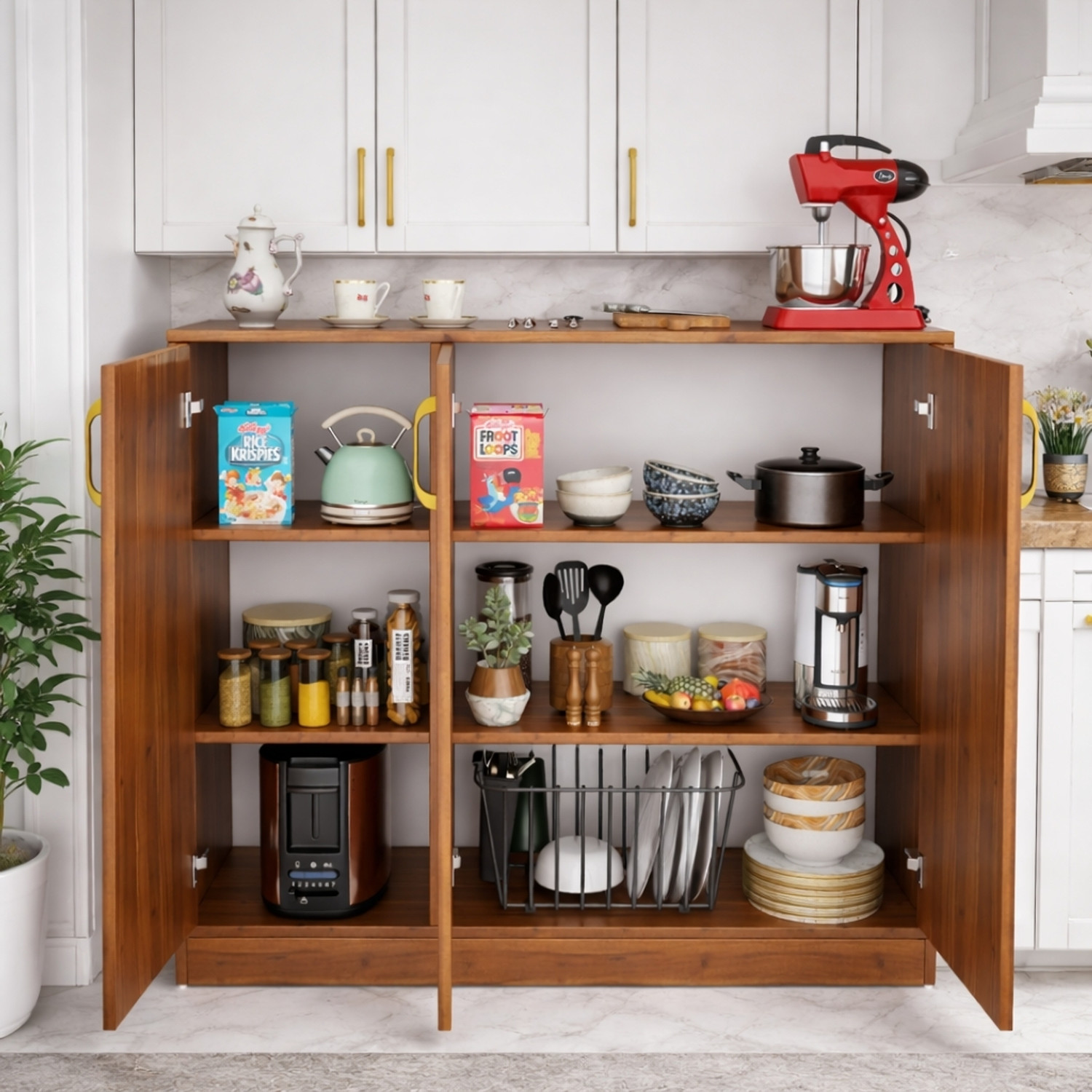 Image of Flipkart Perfect Homes Multipurpose Storage Cabinet with Gold Handles & Countertop Unit Storage Engineered Wood Kitchen Cabinet (Finish Color - Noce Lyon, DIY(Do-It-Yourself))