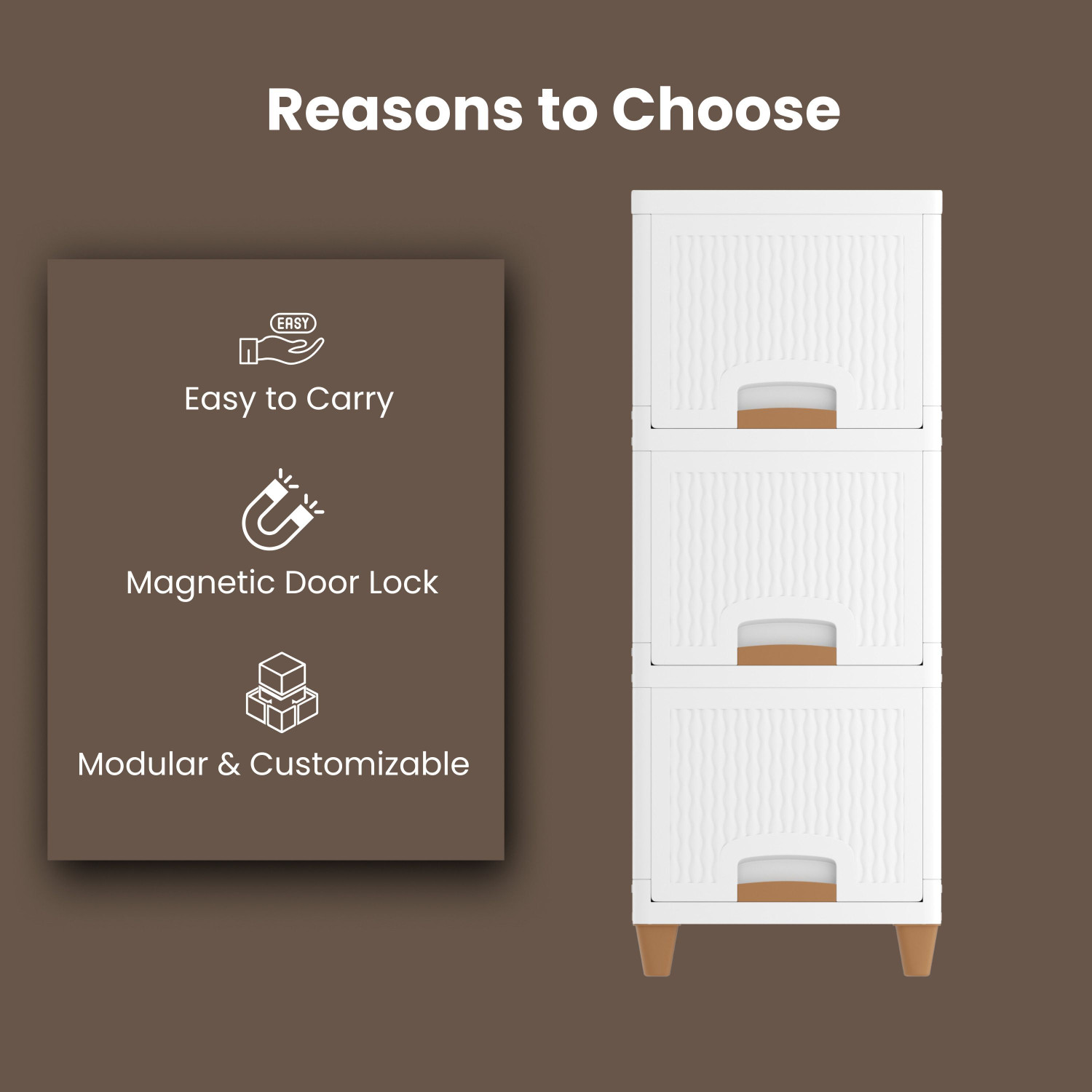 Image of GLOXY 3 pcs Layer Modular Plastic Storage Drawer Cabinet with Wooden Finish Handles Dual Mount Medicine Cabinet (Square)