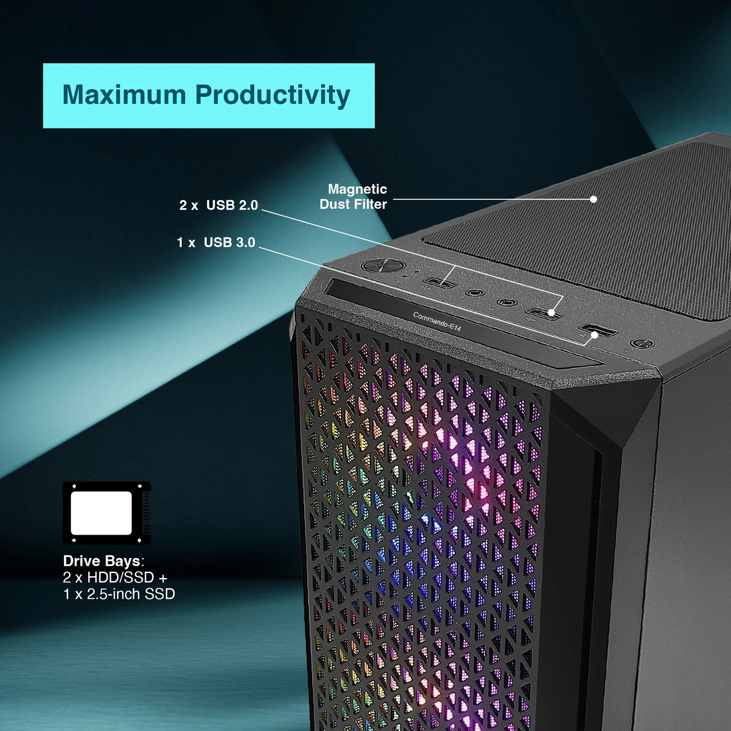 Image of FINGERS Commando-E14 Full ATX Cabinet with USB 2.0 and USB 3.0 Ports Compatible with Computer (Black)