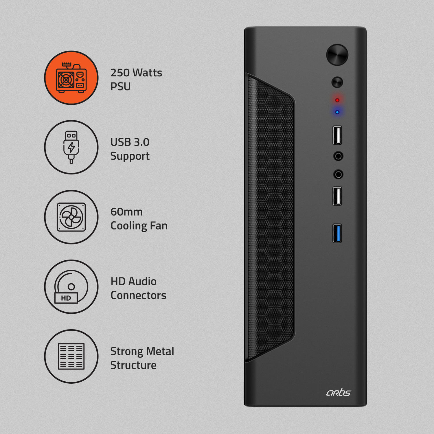 Image of artis NANO 3.0 SLIM ITX / Micro ATX Cabinet with USB 2.0 and USB 3.0 Ports Compatible with Computer (Black)