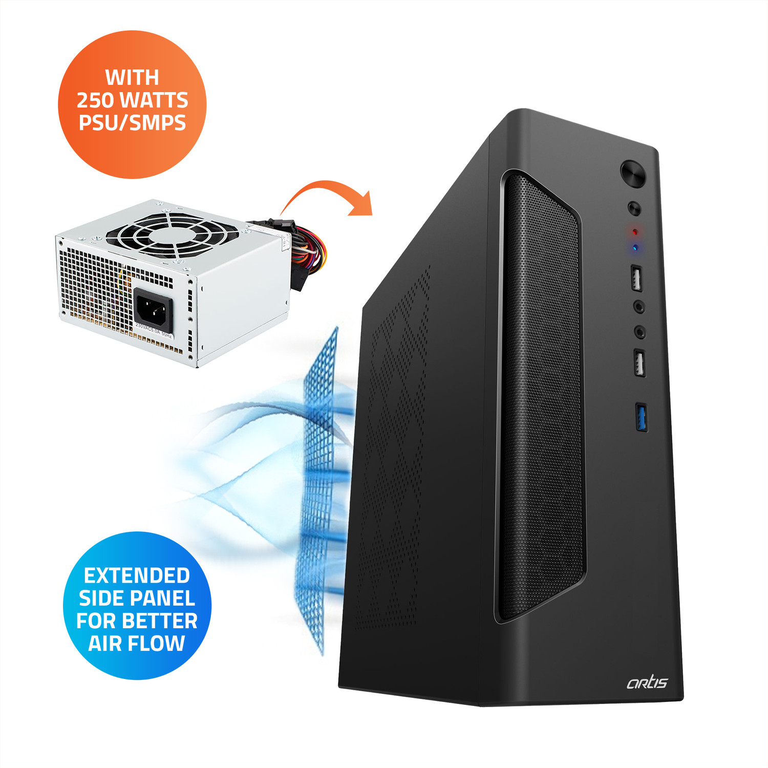 Image of artis NANO 3.0 SLIM ITX / Micro ATX Cabinet with USB 2.0 and USB 3.0 Ports Compatible with Computer (Black)