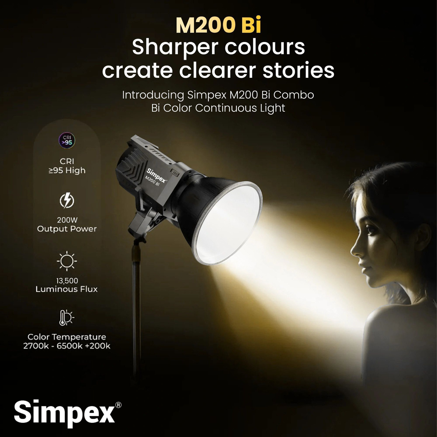 Image of Simpex M200 Bi 200w Continuous Light with LCD Display and Infrared Remote 13500 lx Camera LED Light