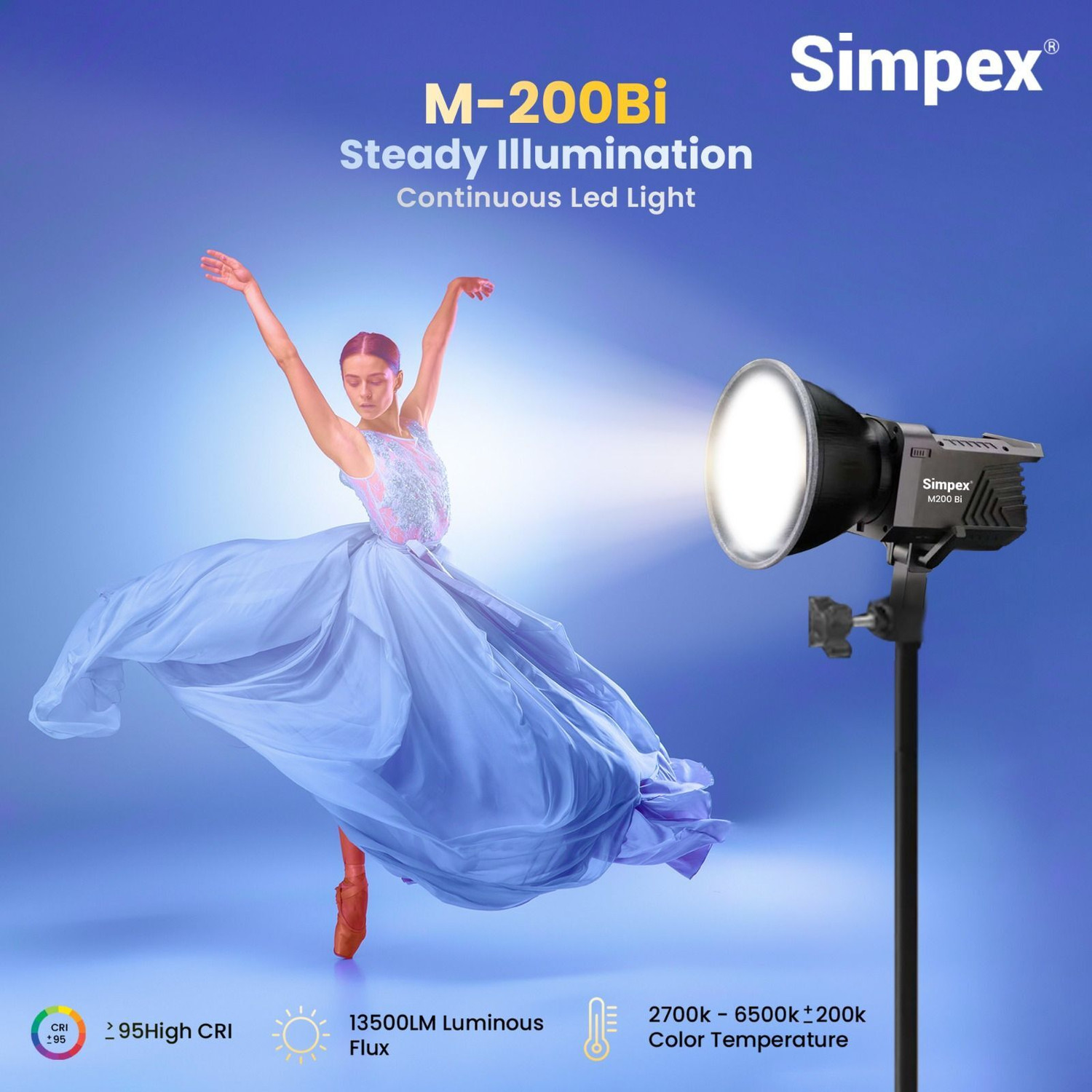 Image of Simpex M200 Bi 200w Continuous Light with LCD Display and Infrared Remote 13500 lx Camera LED Light