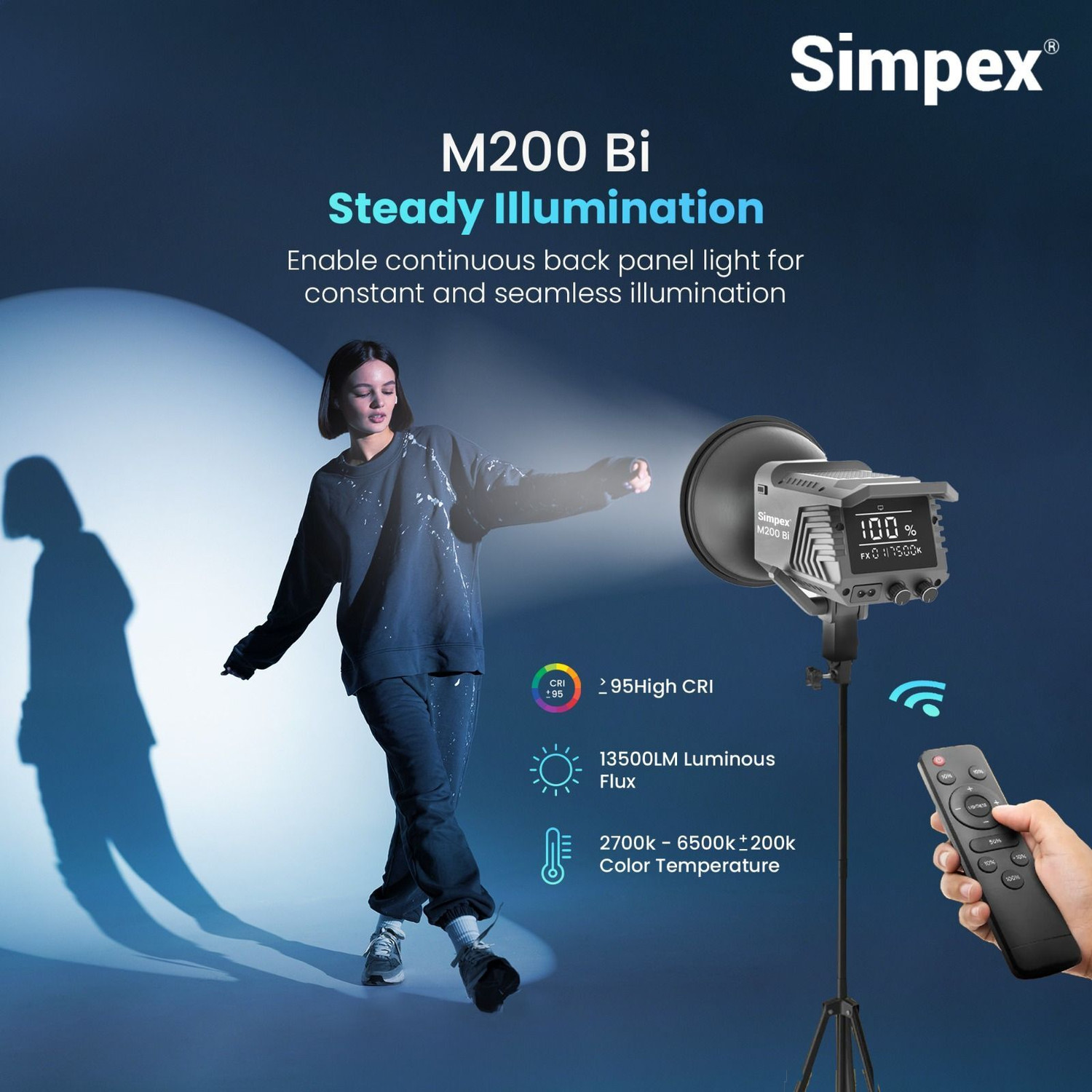 Image of Simpex M200 Bi 200w Continuous Light with LCD Display and Infrared Remote 13500 lx Camera LED Light