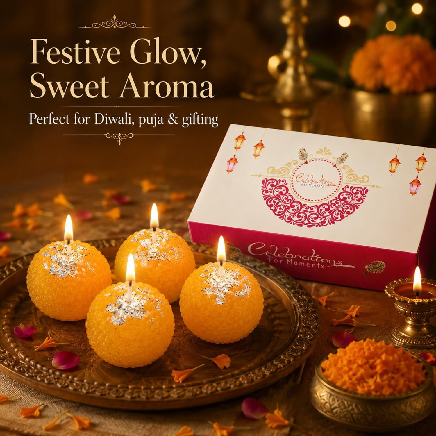 Image of NISHIV VSHLOM Motichoor Ladoo Shaped Decorative Candles Pack of 4 for Pooja Home Decor! Glass (Pack of 4) Table Diya (Height: 2.5 inch)