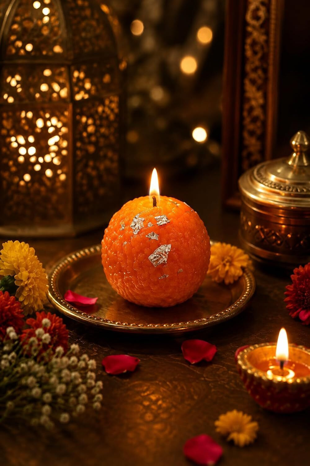 Image of NISHIV VSHLOM Motichoor Ladoo Shaped Decorative Candles Pack of 4 for Pooja Home Decor! Glass (Pack of 4) Table Diya (Height: 2.5 inch)